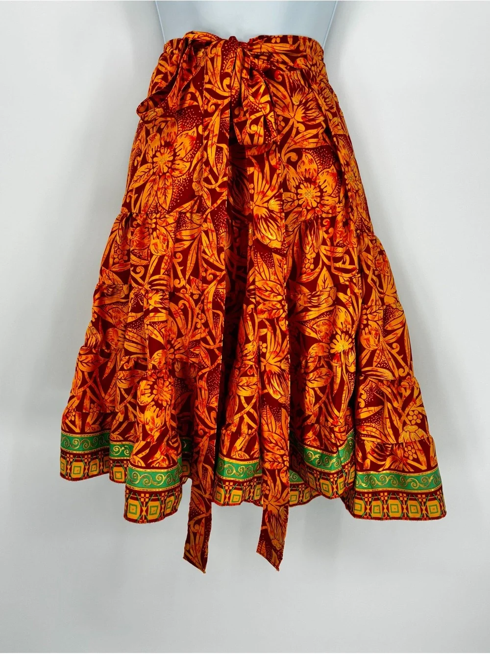 Silk Blend Orange Floral Wrap Midi Skirt One Size